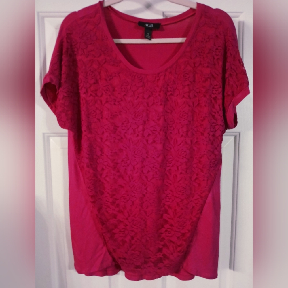 AGB Lace-overlay Pink Short-sleeve Top Size Medium